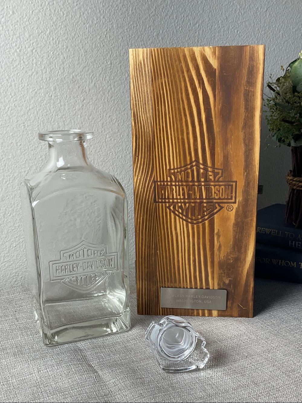 Harley Davidson Glass Decanter Wood Box Lawless Dealer Gift Barware Whiskey